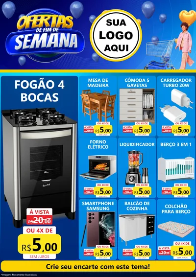 Modelo de Encarte para Encarte A4 Vertical com o tema Ofertas de Fim de Semana para Móveis e Eletro