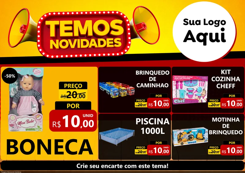 Modelo de Encarte para Encarte A4 Horizontal com o tema Temos Novidades para Brinquedos