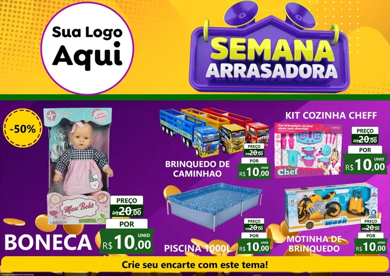 Modelo de Encarte para Encarte A4 Horizontal com o tema Semana Arrasadora para Brinquedos