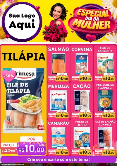 Modelo de Encarte para Encarte A4 Vertical com o tema Especial Dia da Mulher para Peixaria