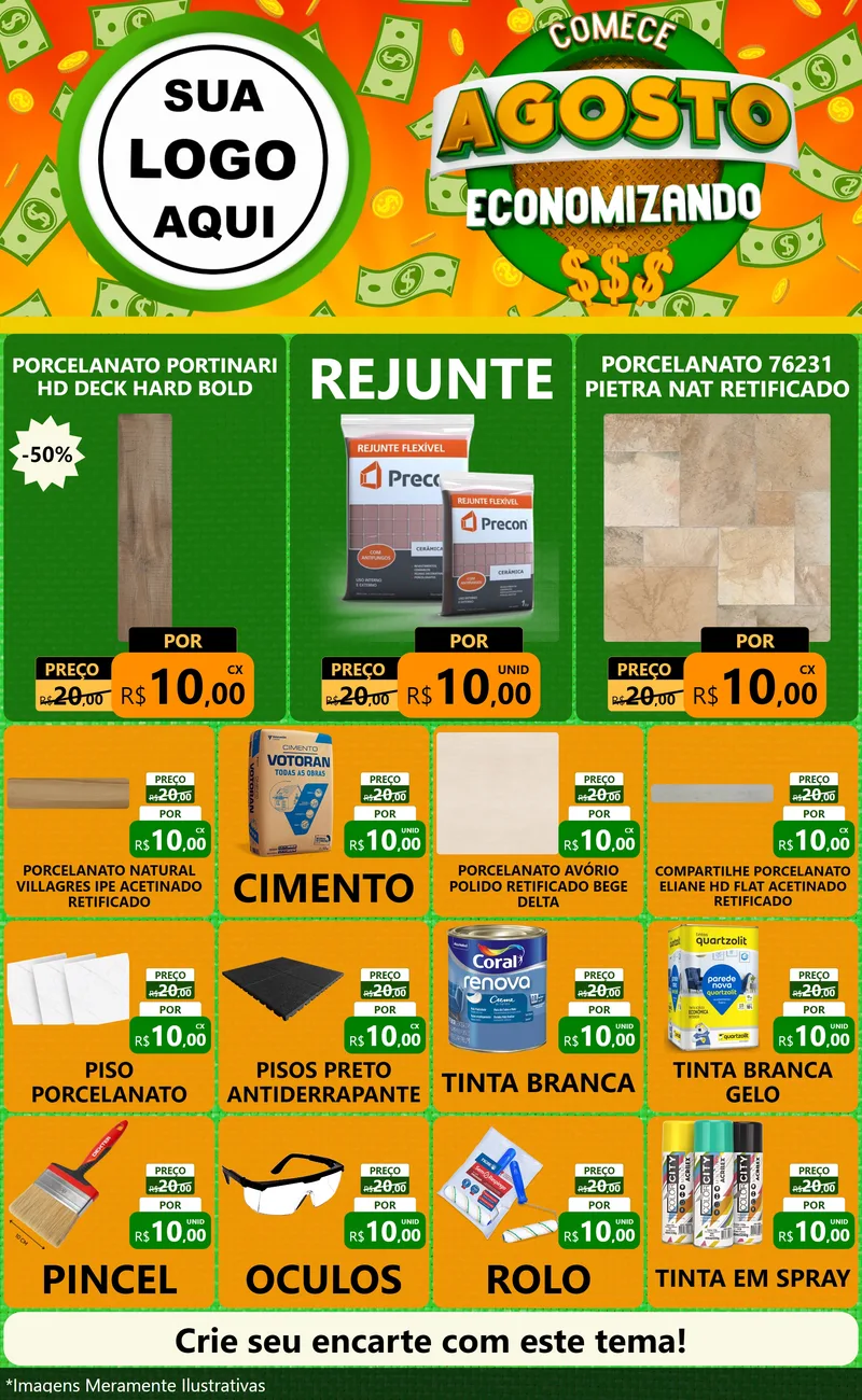 Modelo de Encarte para Encarte Grande com o tema Comece Agosto Economizando para Pisos e revestimentos