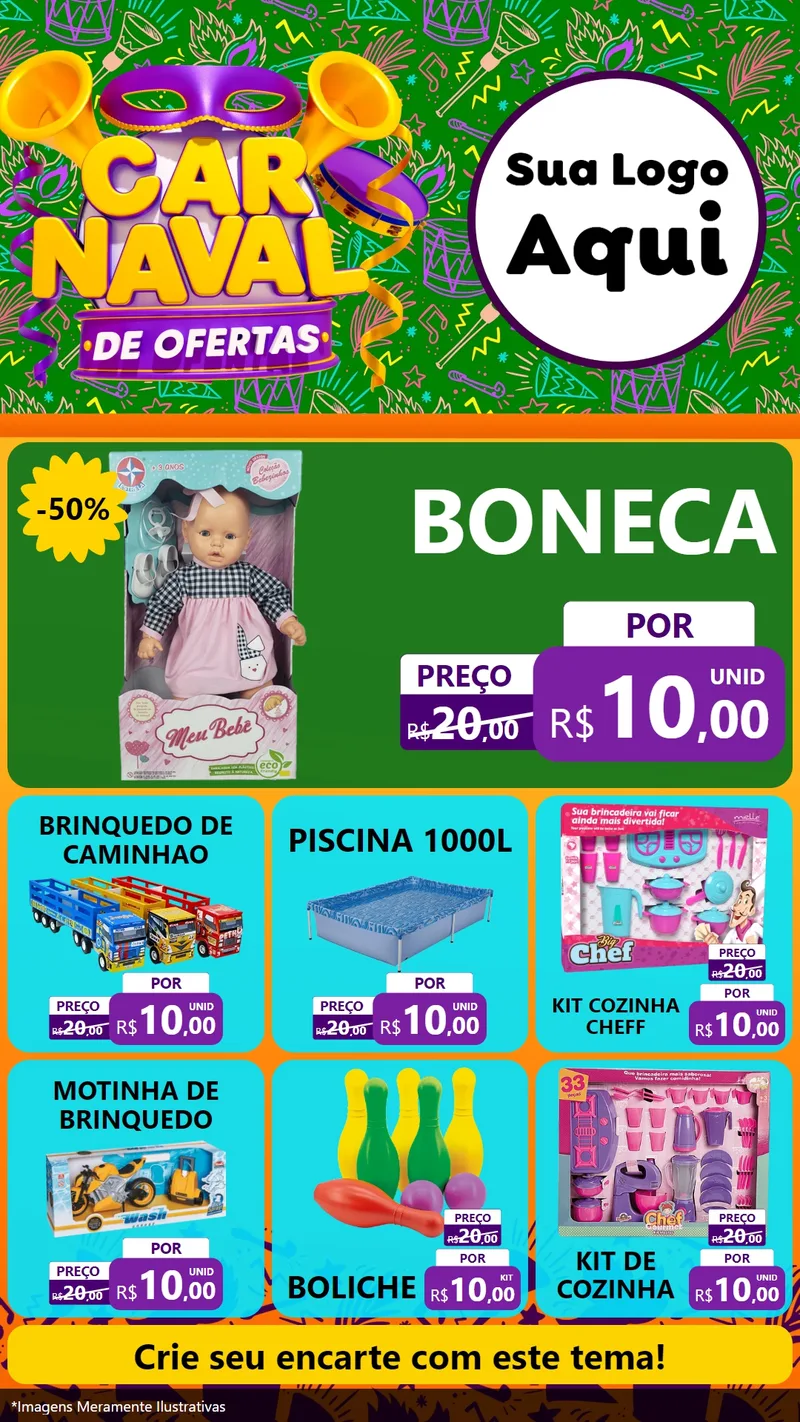 Modelo de Rede Social para Stories com o tema Carnaval de Ofertas para Brinquedos
