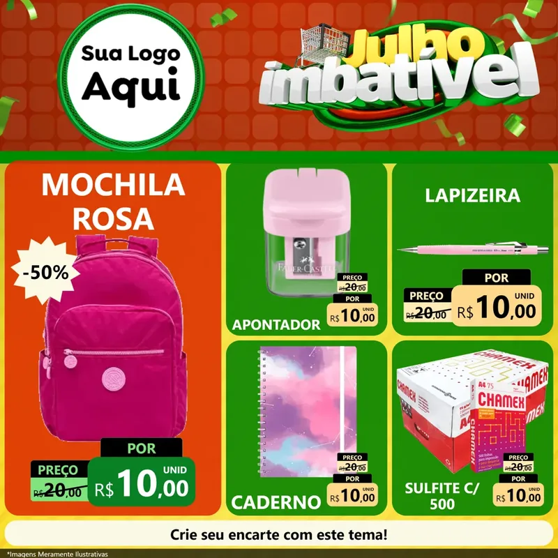Modelo de Rede Social para Feed Facebook com o tema Julho Imbatível para Papelaria