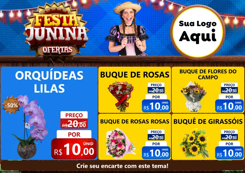 Modelo de Encarte para Encarte A4 Horizontal com o tema Festa Junina Ofertas para Floricultura e jardim