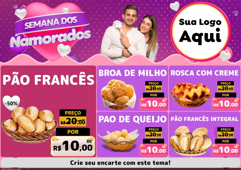 Modelo de Encarte para Encarte A4 Horizontal com o tema Semana dos Namorados para Padaria