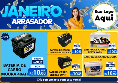 Modelo de Encarte para Encarte A4 Horizontal com o tema Janeiro Arrasador para Baterias Elétricas