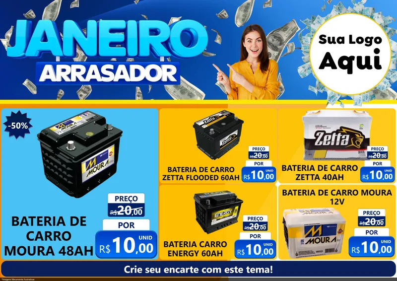 Modelo de Encarte para Encarte A4 Horizontal com o tema Janeiro Arrasador para Baterias Elétricas