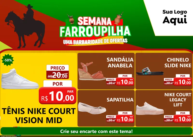 Modelo de Encarte para Encarte A4 Horizontal com o tema Semana Farroupilha - Uma Barbaridade de Ofertas para Calçados