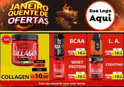Modelo de Encarte para Encarte A4 Horizontal com o tema Janeiro Quente de Ofertas para Suplementos alimentares