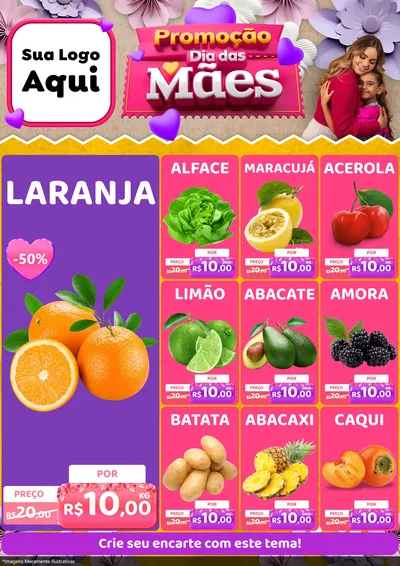 Modelo de Encarte para Encarte A4 Vertical com o tema Promoção Dia das Mães para Hortifrúti