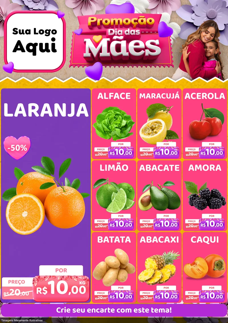Modelo de Encarte para Encarte A4 Vertical com o tema Promoção Dia das Mães para Hortifrúti