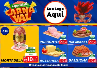 Modelo de Encarte para Encarte A4 Horizontal com o tema Especial de Carnaval para Frios e Laticínios