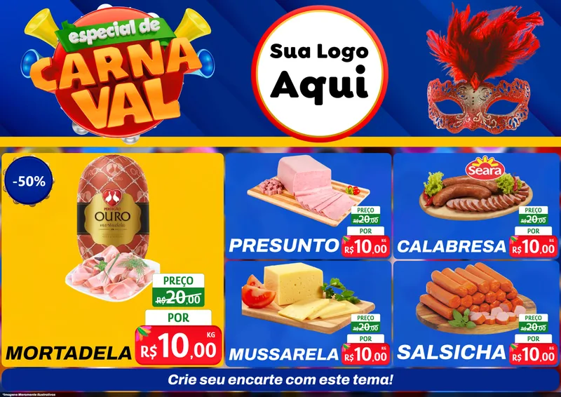 Modelo de Encarte para Encarte A4 Horizontal com o tema Especial de Carnaval para Frios e Laticínios