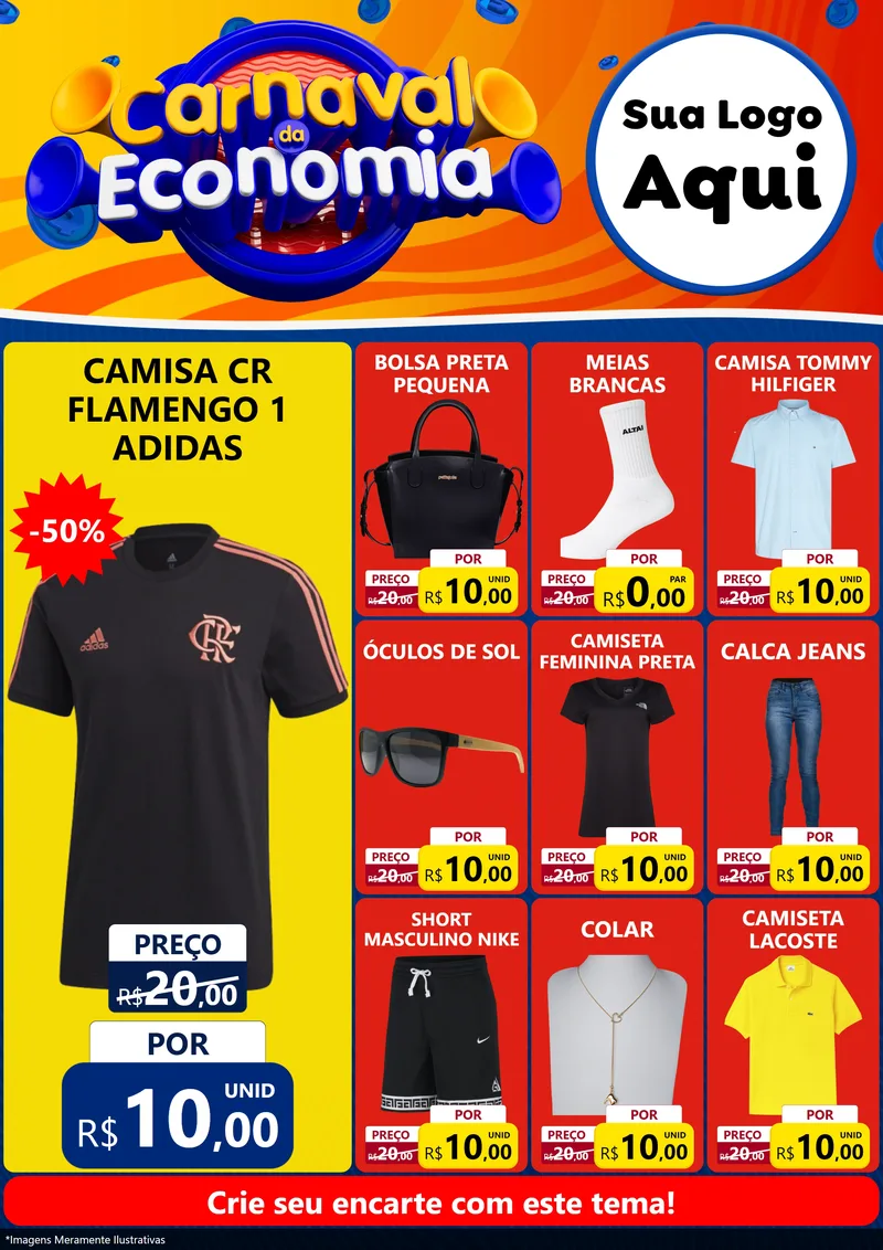 Modelo de Encarte para Encarte A4 Vertical com o tema Carnaval da Economia para Roupas e acessórios