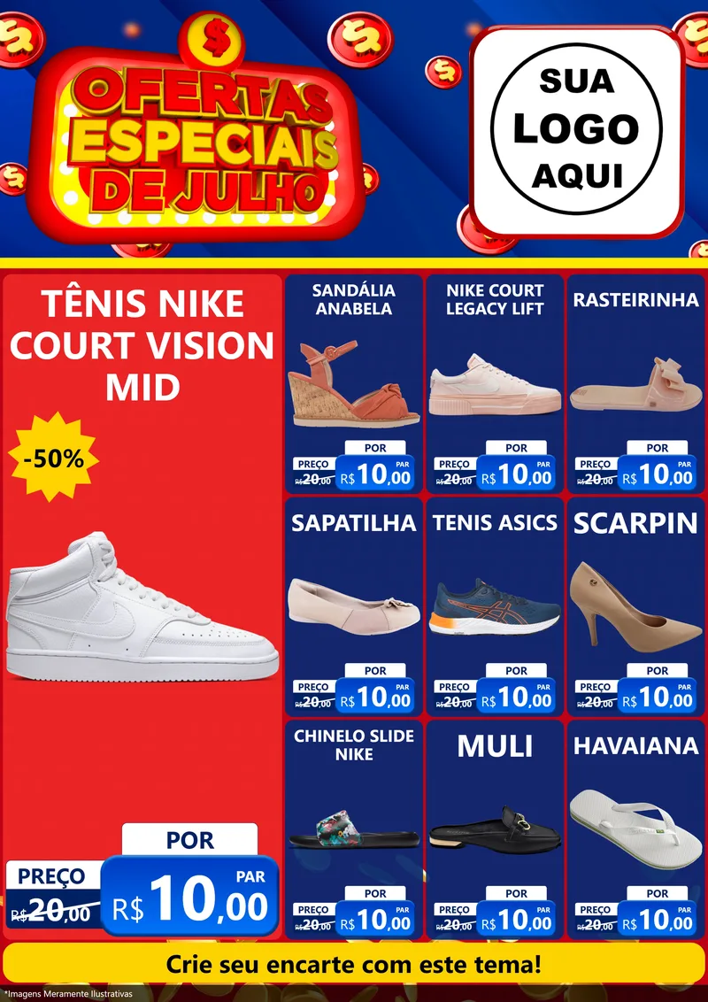 Modelo de Encarte para Encarte A4 Vertical com o tema Ofertas Especiais de Julho para Calçados