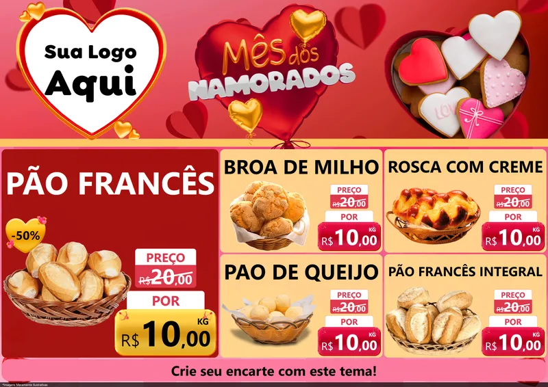 Modelo de Encarte para Encarte A4 Horizontal com o tema Mês dos Namorados para Padaria