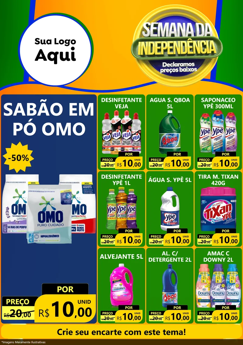 Modelo de Encarte para Encarte A4 Vertical com o tema Semana da Independência Declaramos Preços Baixos para Produtos de Limpeza