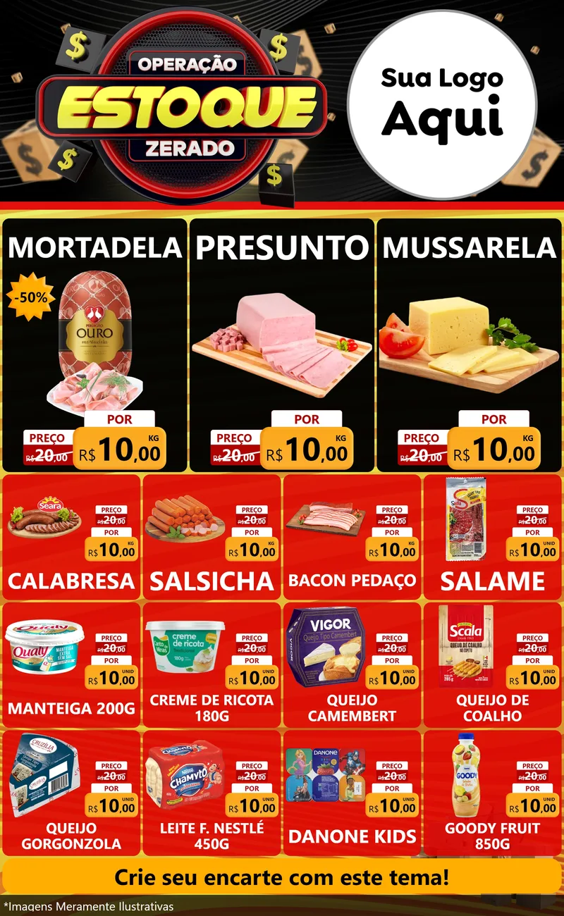 Modelo de Encarte para Encarte Grande com o tema Operação Estoque Zerado para Frios e Laticínios