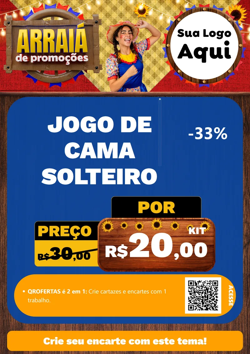 Modelo de Cartaz para Cartaz A4 Vertical com o tema Arraiá de Promoções para Cama, Mesa e Banho