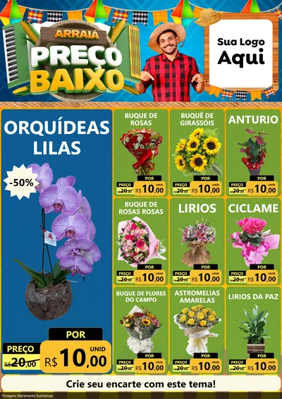 Modelo de Encarte para Encarte A4 Vertical com o tema Arraiá de Preço Baixo - Junina para Floricultura e jardim