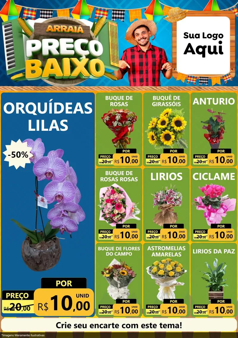 Modelo de Encarte para Encarte A4 Vertical com o tema Arraiá de Preço Baixo - Junina para Floricultura e jardim