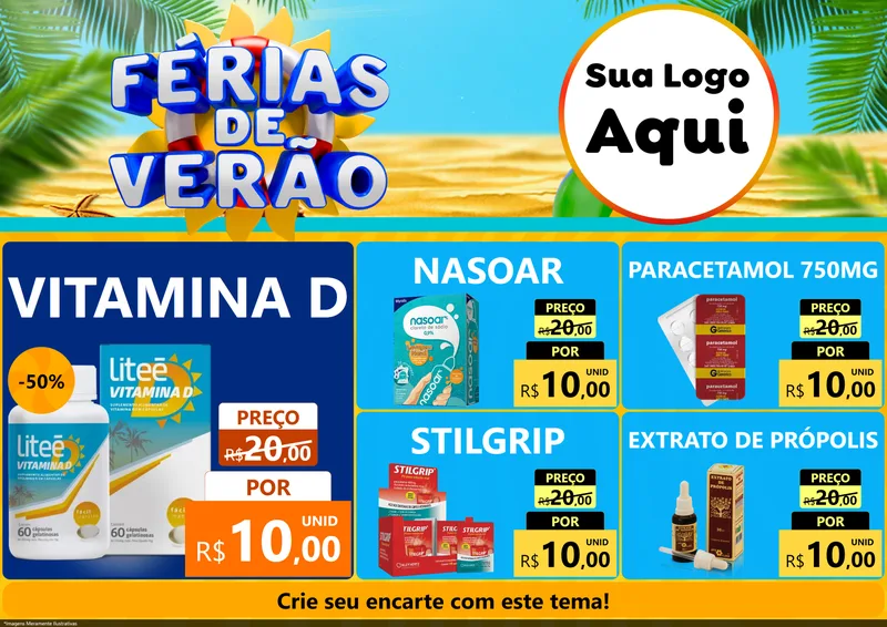 Modelo de Encarte para Encarte A4 Horizontal com o tema Férias de Verão para Farmácia