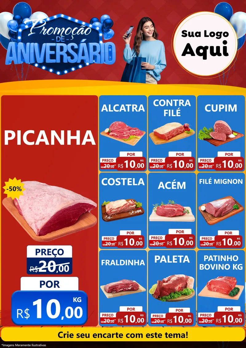 Modelo de Encarte para Encarte A4 Vertical com o tema Promoção de Aniversário para Açougue