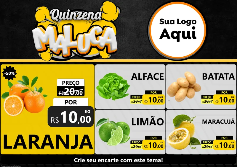 Modelo de Encarte para Encarte A4 Horizontal com o tema Quinzena Maluca para Hortifrúti