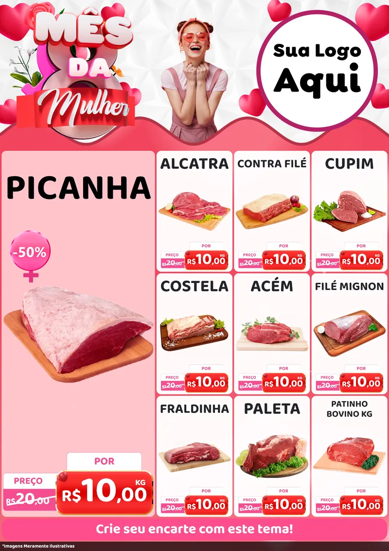Modelo de Encarte para Encarte A4 Vertical com o tema Mês da Mulher para Açougue