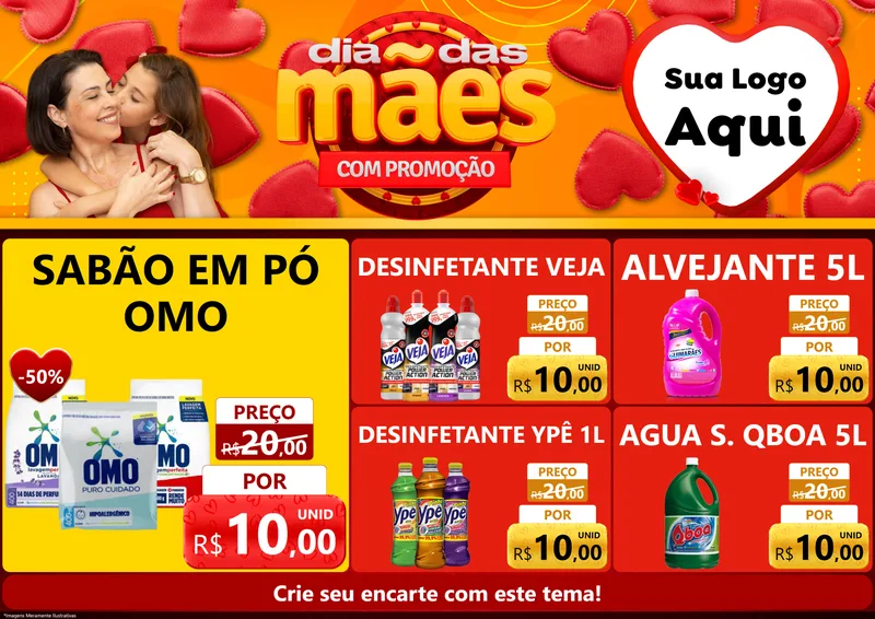 Modelo de Encarte para Encarte A4 Horizontal com o tema Dia das Mães com Promoção para Produtos de Limpeza