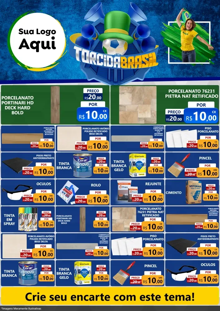 Modelo de Encarte para Encarte A4 Vertical com o tema Torcida Brasil - Copa para Pisos e revestimentos