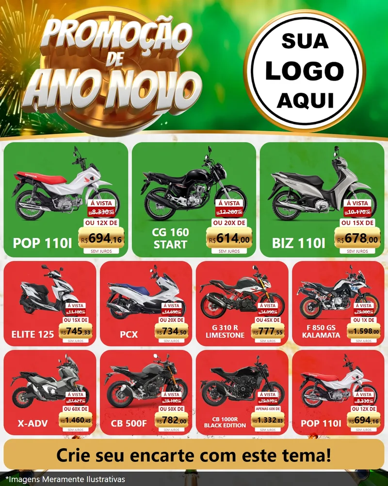 Modelo de Rede Social para Feed Instagram com o tema Promoção de Ano Novo para Concessionaria de Motos