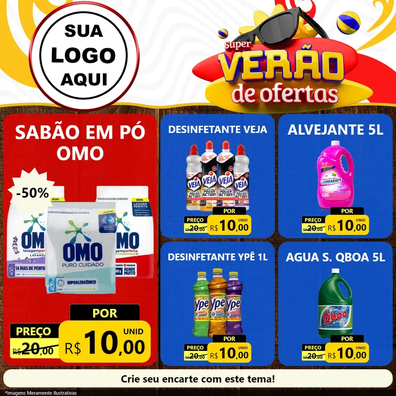 Modelo de Rede Social para Feed Facebook com o tema Super Verão de Ofertas para Produtos de Limpeza