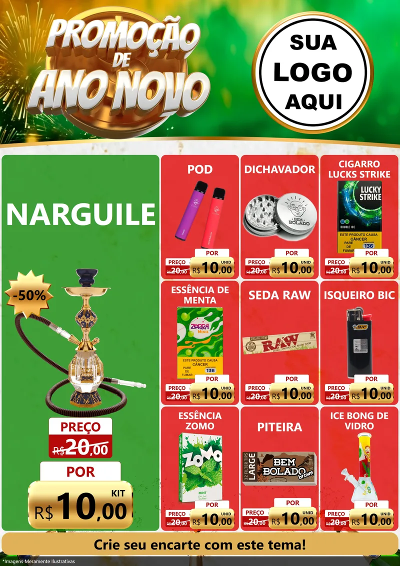 Modelo de Encarte para Encarte A4 Vertical com o tema Promoção de Ano Novo para Tabacaria