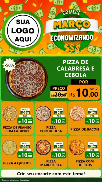 Modelo de Rede Social para Stories com o tema Comece Março Economizando para Pizzaria