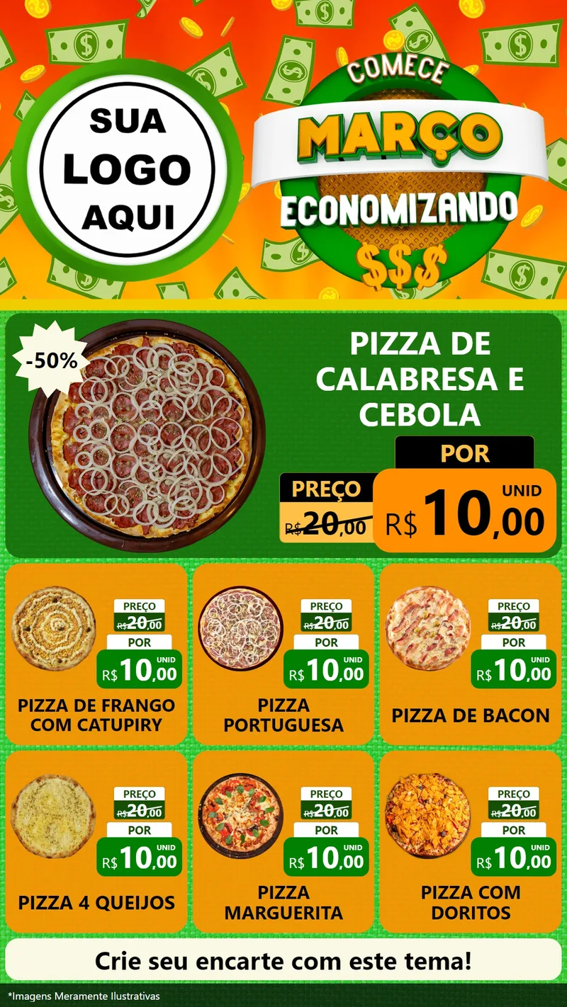 Modelo de Rede Social para Stories com o tema Comece Março Economizando para Pizzaria