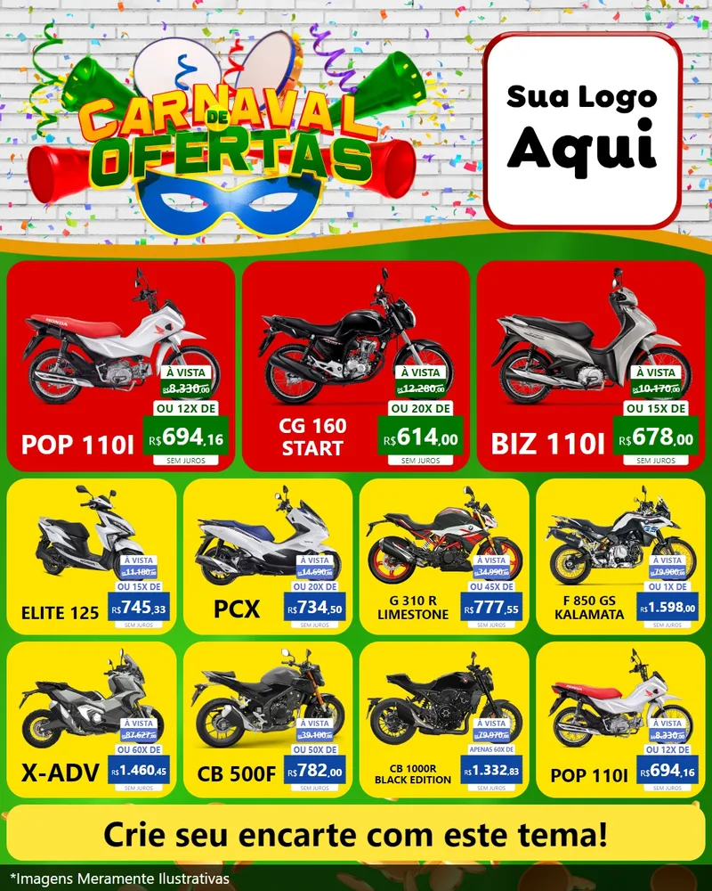 Modelo de Rede Social para Feed Instagram com o tema Carnaval de Ofertas para Concessionaria de Motos