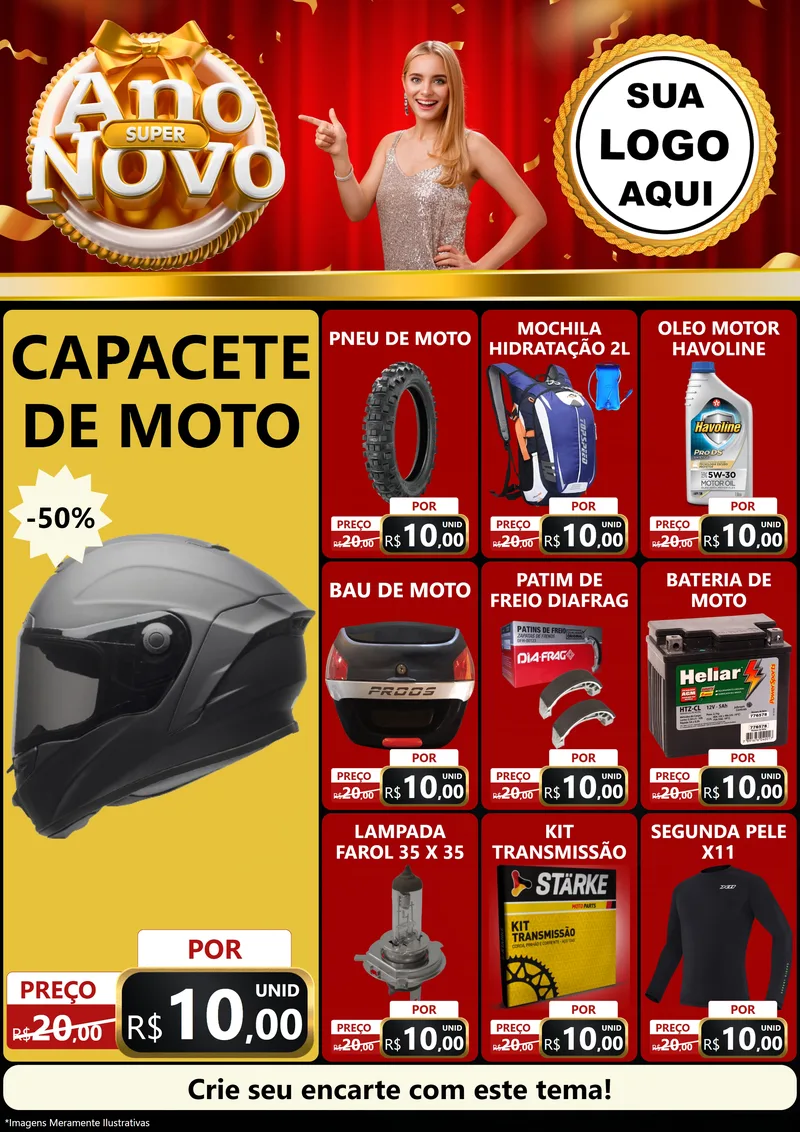 Modelo de Encarte para Encarte A4 Vertical com o tema Super Ano Novo para Moto peças