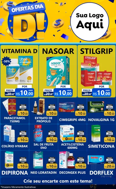 Modelo de Encarte para Encarte Grande com o tema Ofertas Dia D para Farmácia
