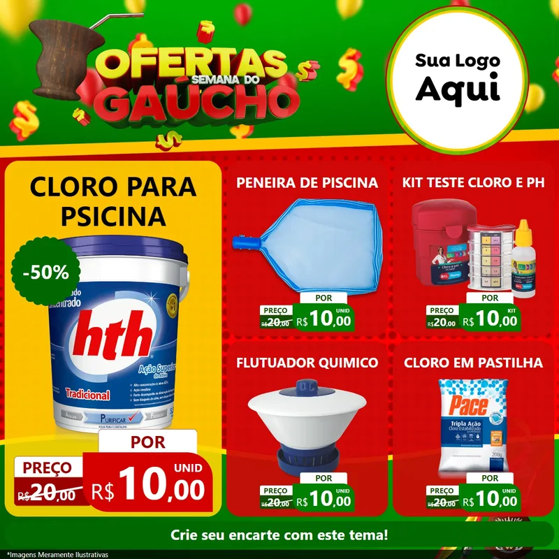Modelo de Rede Social para Feed Facebook com o tema Ofertas Semana Do Gaúcho para Produtos para Piscina