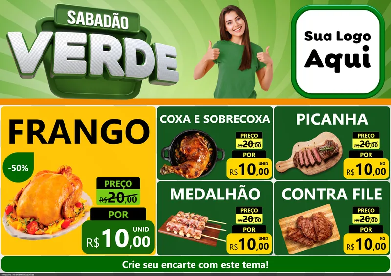 Modelo de Encarte para Encarte A4 Horizontal com o tema Sabadão Verde para Assados