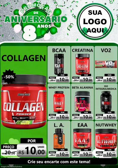 Modelo de Encarte para Encarte A4 Vertical com o tema Promoção de Aniversário - 8 Anos para Suplementos alimentares