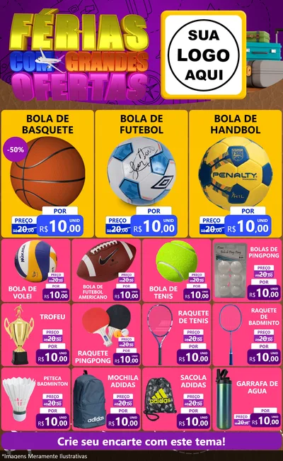 Modelo de Encarte para Encarte Grande com o tema Férias com Grandes Ofertas para Artigos Esportivos