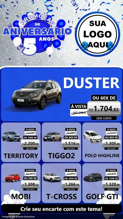 Modelo de Rede Social para Stories com o tema Promoção de Aniversário - 5 Anos para Concessionaria de Carros