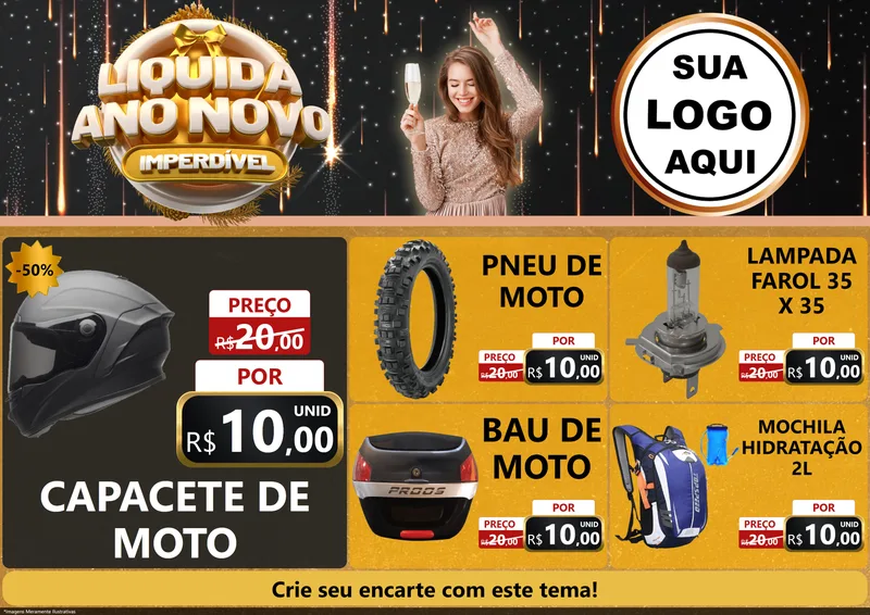 Modelo de Encarte para Encarte A4 Horizontal com o tema Liquida Ano Novo Imperdível para Moto peças