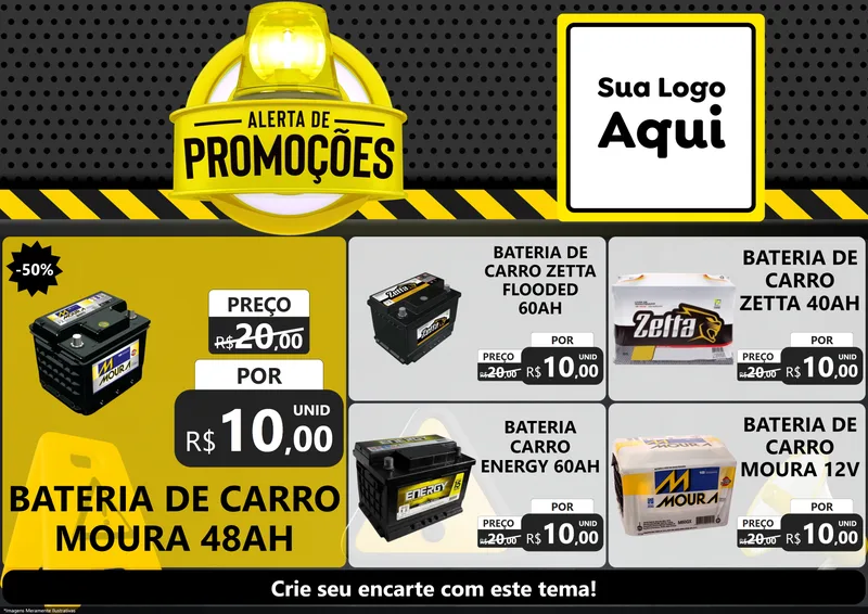 Modelo de Encarte para Encarte A4 Horizontal com o tema Alerta de Promoções para Baterias Elétricas