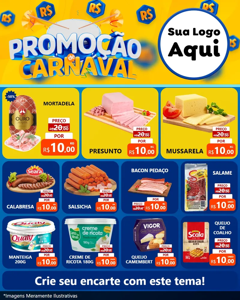 Modelo de Rede Social para Feed Instagram com o tema Promoção de Carnaval para Frios e Laticínios