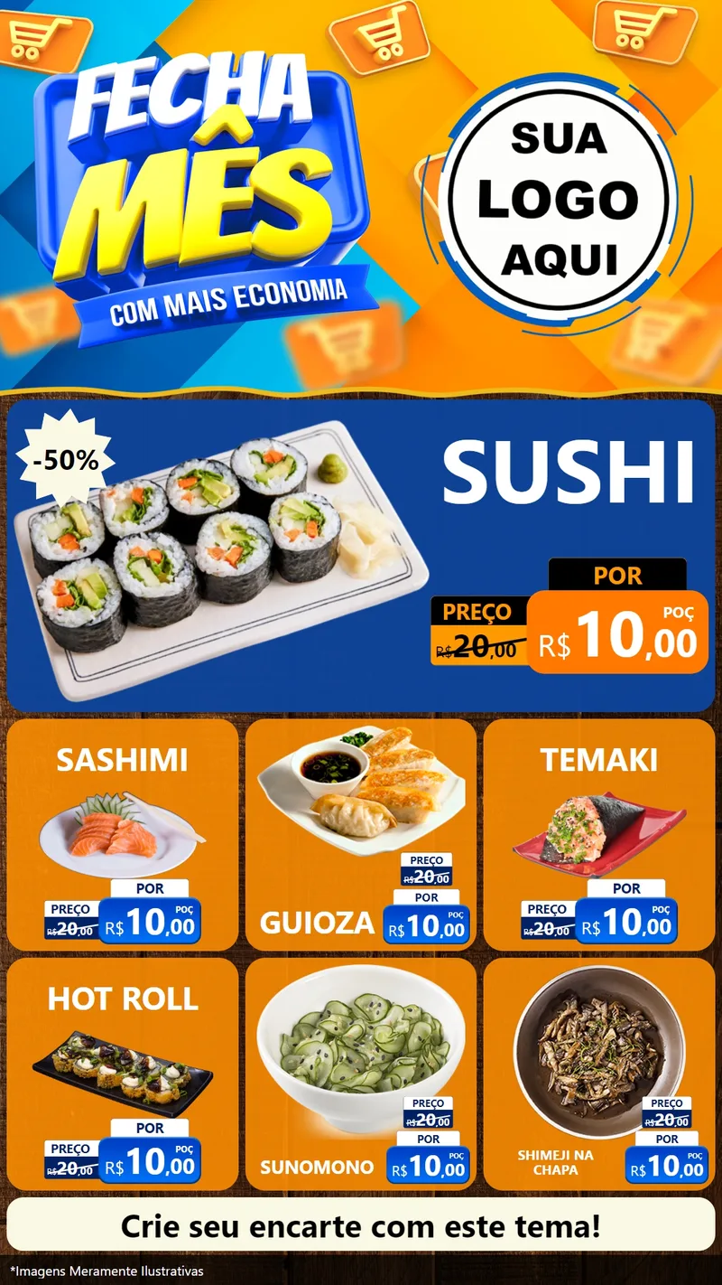 Modelo de Rede Social para Stories com o tema Fecha Mês Com Mais Economia para Comida japonesa