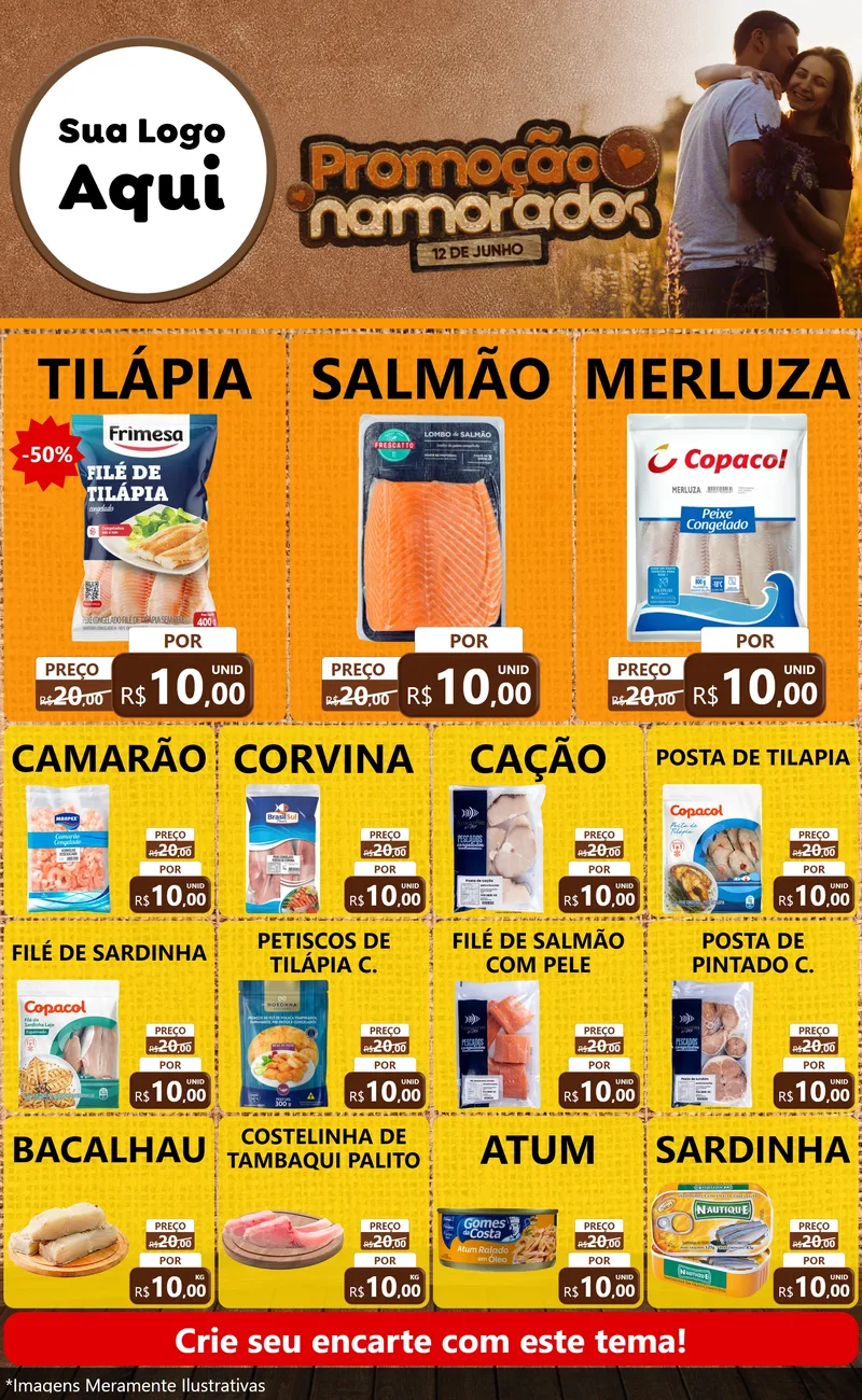 Modelo de Encarte para Encarte Grande com o tema Promoção Namorados para Peixaria
