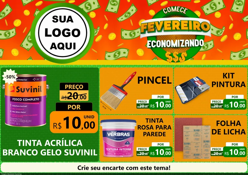 Modelo de Encarte para Encarte A4 Horizontal com o tema Comece Fevereiro Economizando para Tintas e Ferramentas